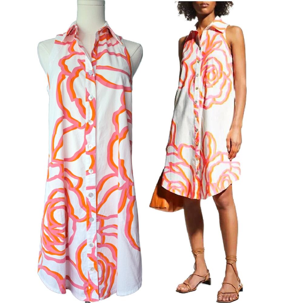 FINLEY Sleeveless Swing Shirt Dress Small Pink Orange Floral Poplin USA Pockets